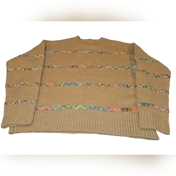 BIBI Sweater Women's Size Large Tan With Multi Color Chris Cross Yarn Stitching - Picture 2 of 9